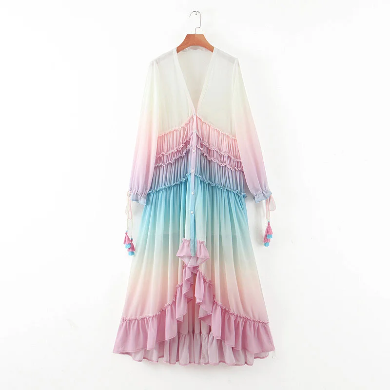 Uveng Uveng Summer/Winter Women's Ebay Deep V Long-Sleeved Gradient Printed Dress Dress Dress