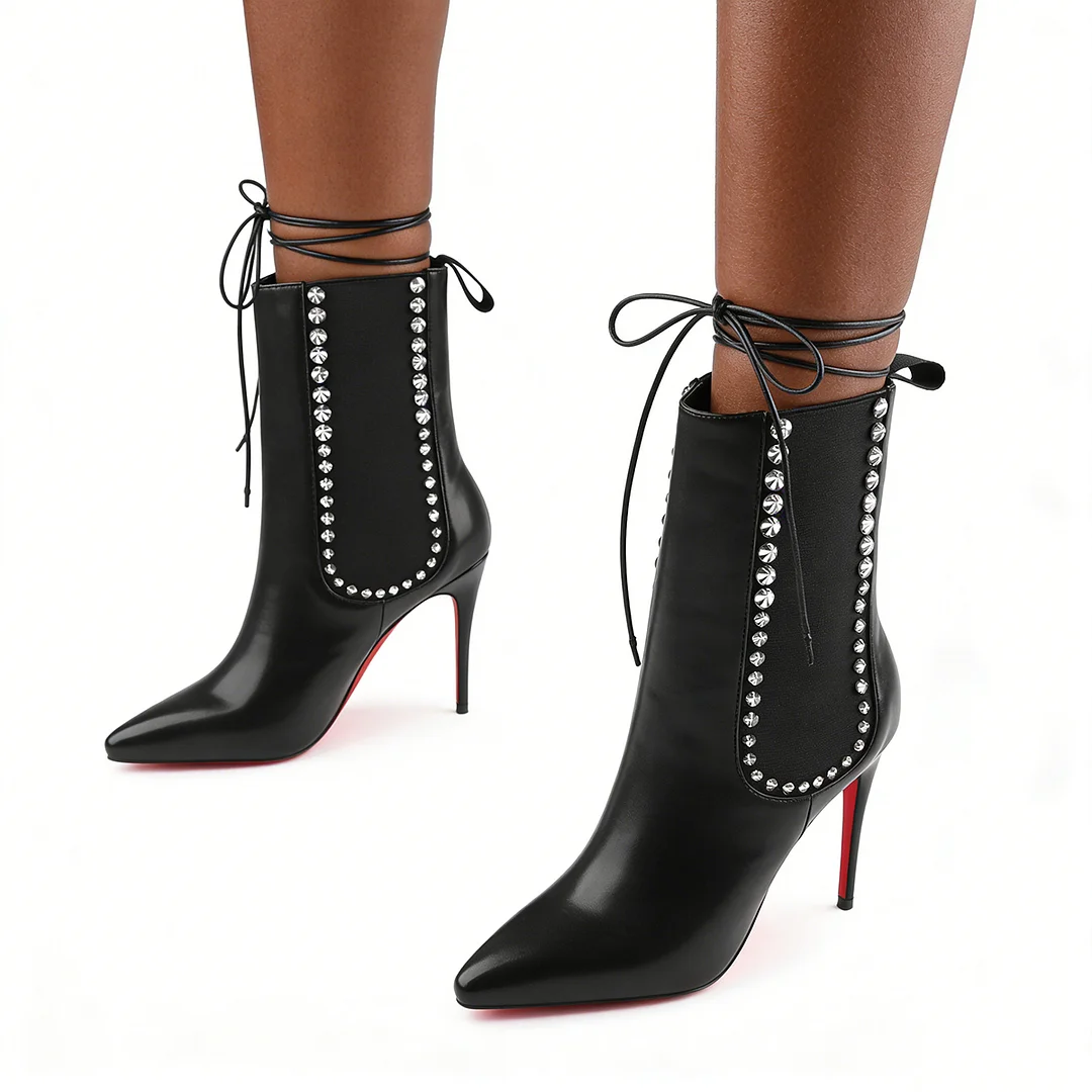 100mm Women's High Heels Boots Red Bottom Black Rivet Ankle Boots-MERUMOTE