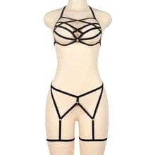 pornhint Pornhint Women Straps Bra Garter Body Belts Waist To Leg Body Bondage Cage Fetish Sexy Underwear 2 Piece Leather Harness Set Garter Belts