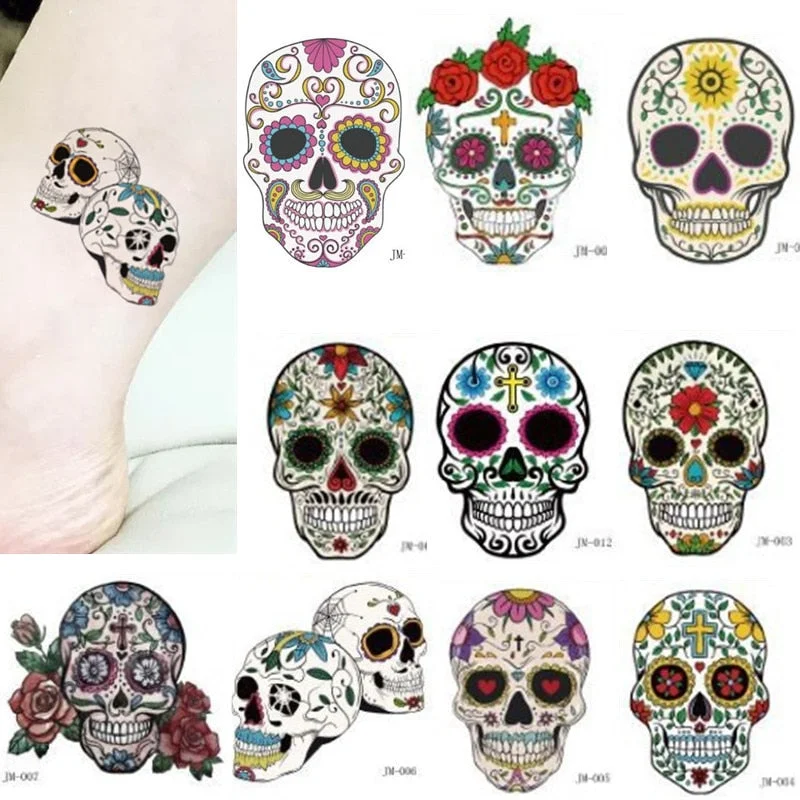 10-20pcs/set Colorful Halloween Skull Head Temporary Tattoo Sticker Child Adult Body Art Water Transfer Fake Tattoo for Face