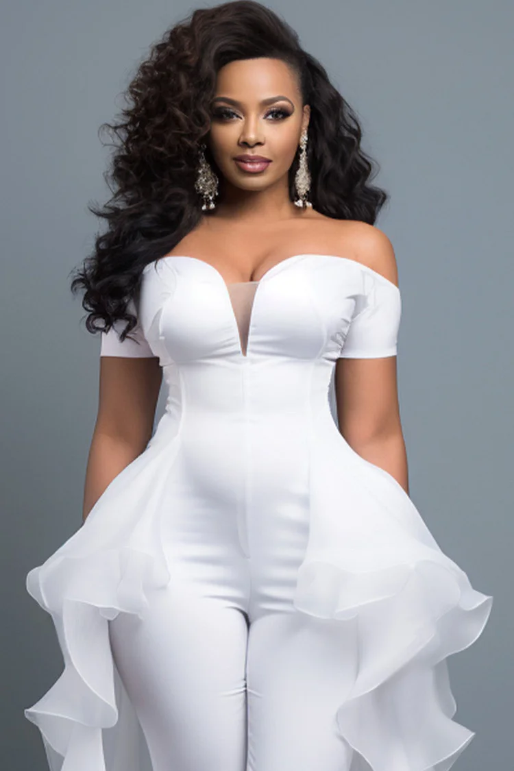 Xpluswear Design Plus Size Formal White Elegant Off The Shoulder Short Sleeve With Skirt Overlay Contrast Jumpsuits [Pre-Order]