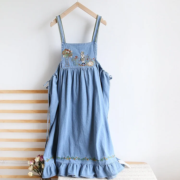 Queenfunky cottagecore style Cute Denim Embroidered Pinafore Dress QueenFunky