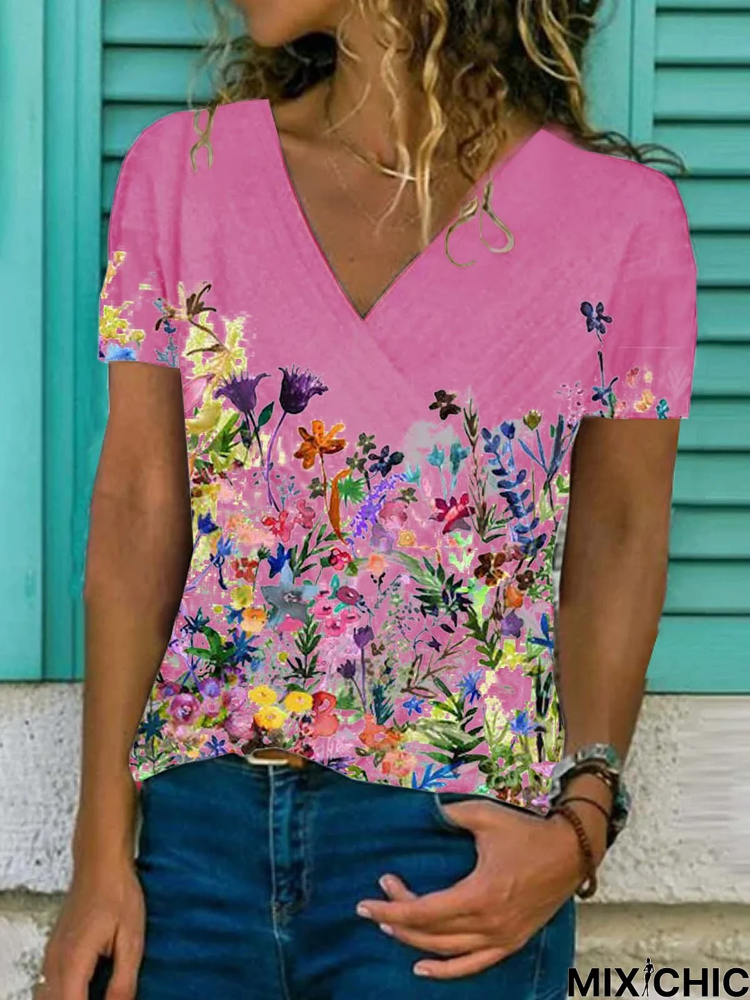 Floral  Short Sleeve Printed  Cotton-blend  V neck Casual  Summer  Pink Top