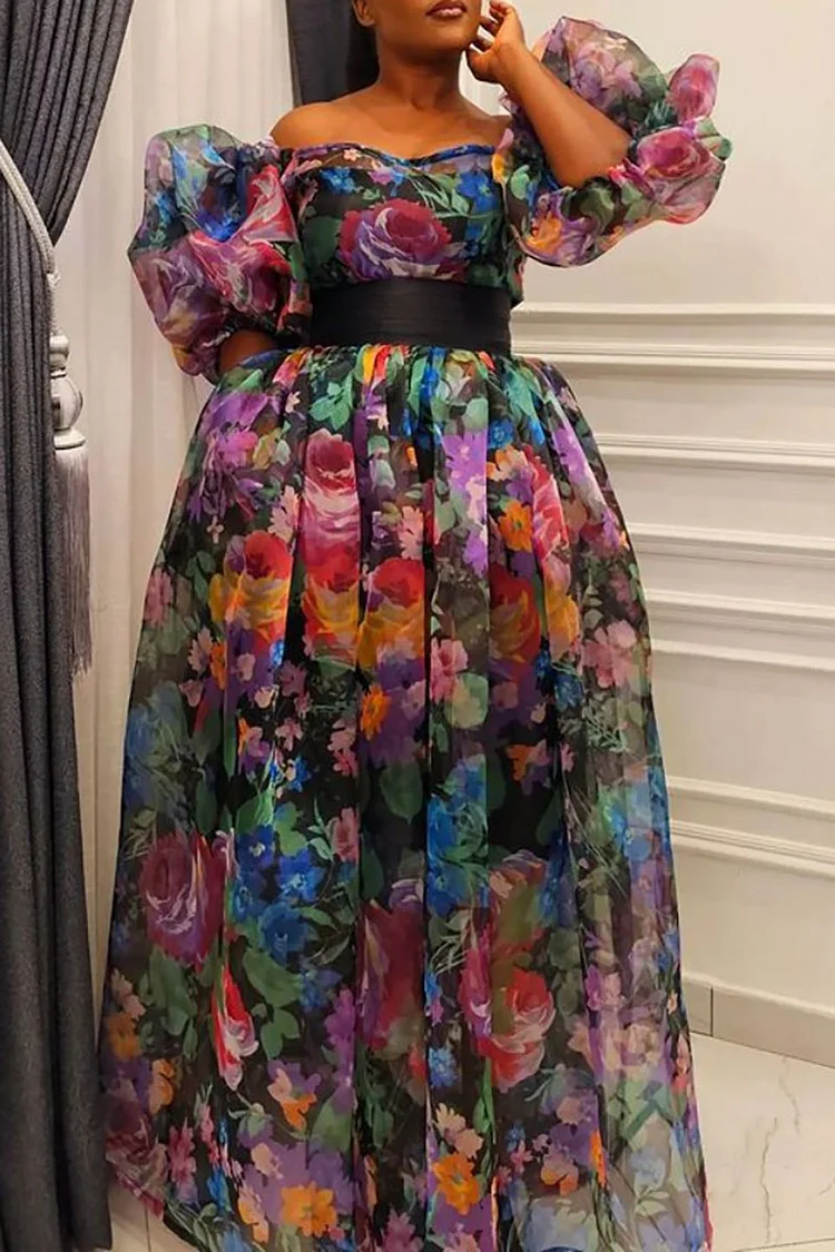 Xpluswear Plus Size Multicolor Formal Floral Print Mesh Puff Sleeve High Waist Maxi Dresses [Pre-Order]