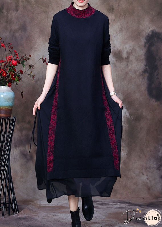 Women Purple black O-Neck side open tulle Patchwork Knit Dresses Spring