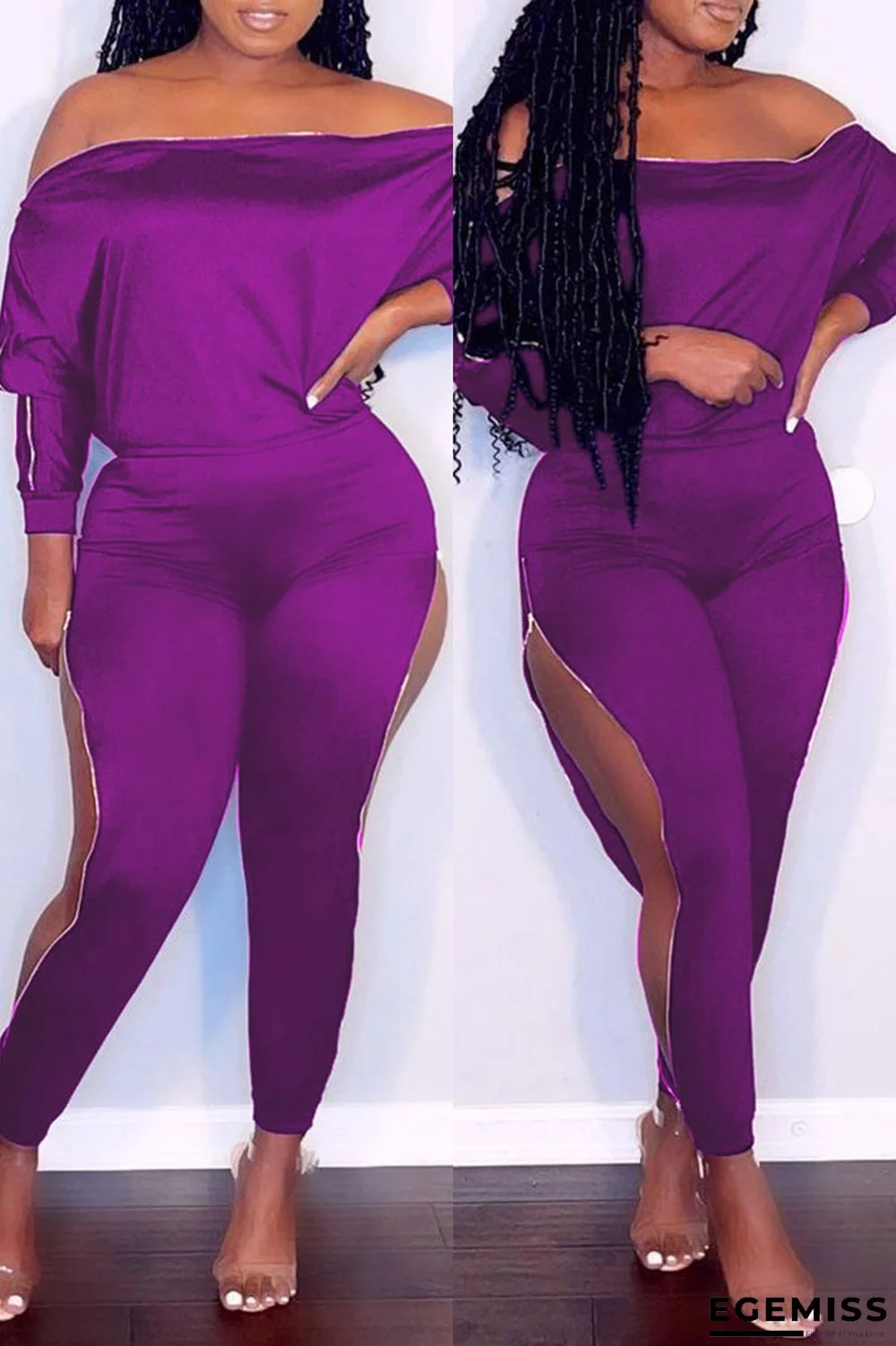 Rose Red Fashion Casual Solid Hollowed Out Off the Shoulder Long Sleeve Two Pieces | EGEMISS