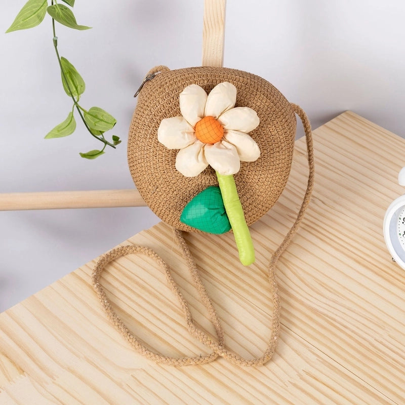 Girl’s Small Straw Flower Bow Knot Cute Round Zipper Crossbody Bag