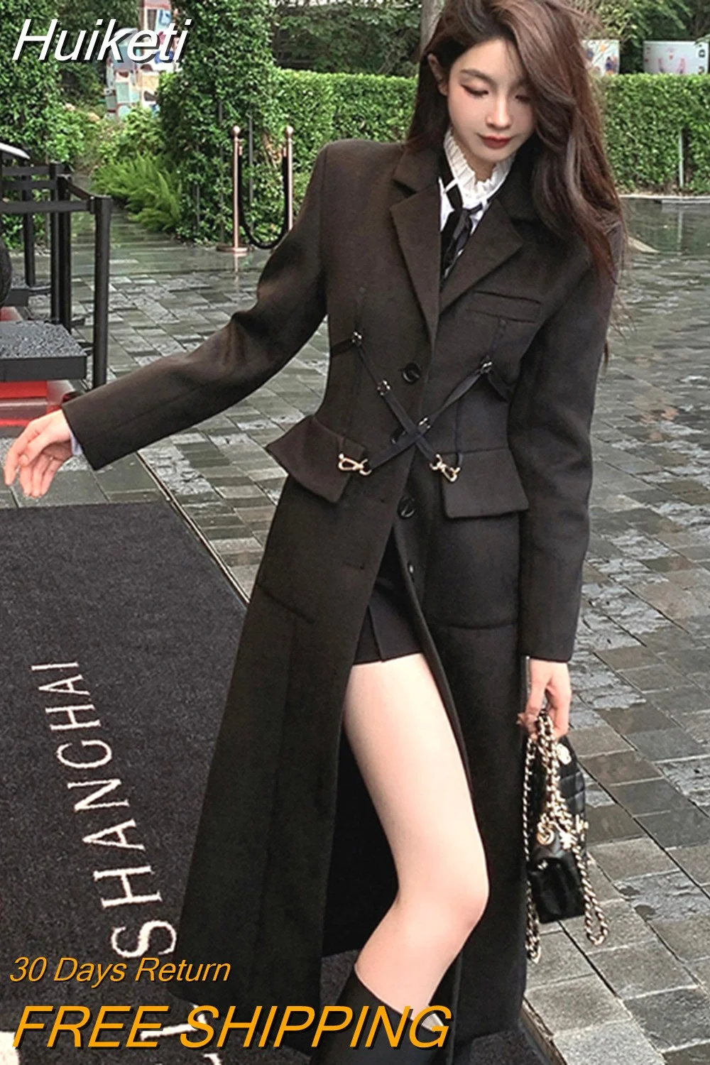 Huiketi Autumn Winter Long Fitted Luxury Stylish Warm Black Woolen Coat Women Single Breasted Preppy Style Runway Fashion 2023