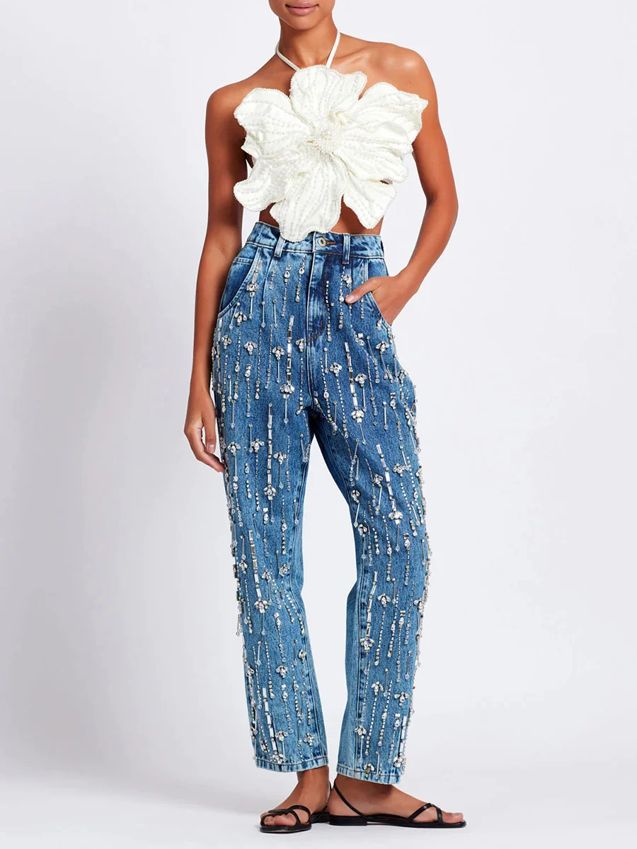 Woherb Woherb Hot Girl Designer Autumn 2024 New Hanging Neck Three-Dimensional Flower Nail Bead Pearl Wipe Chest Top-Outfit Ideas