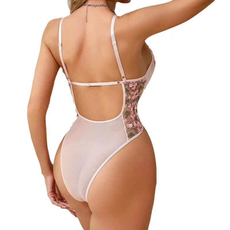Churchf Churchf New Hot Style Mesh Embroidery Sexy Lace Transparent Back Drawn Rope Slim Waist Jumpsuit Woman