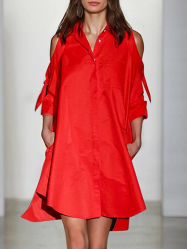 Split-Joint Solid Color Loose Cold shoulder Shirt Dress Mini Dresses
