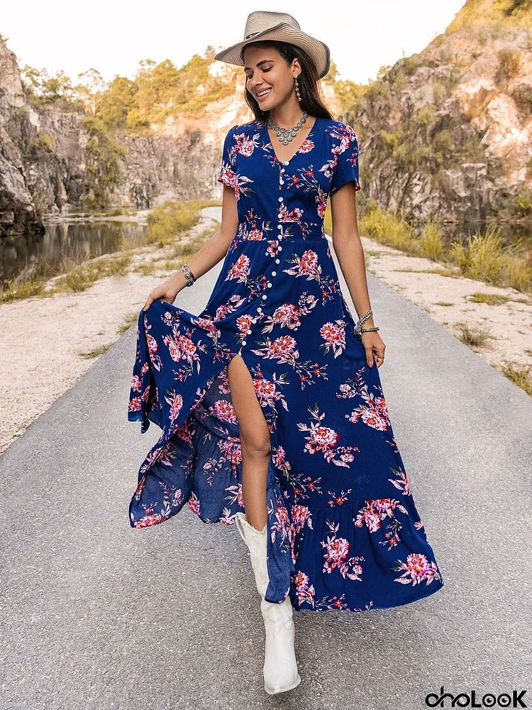 V-Neck Short Sleeve Maxi Dress