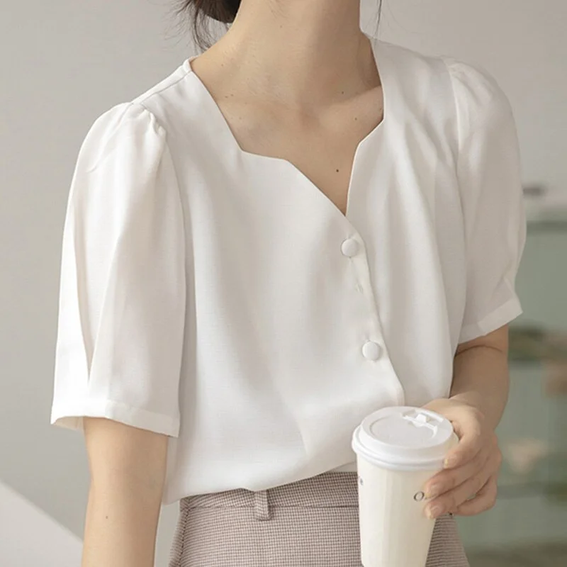 New Summer Blouse Solid White Women Top Casual Basic Shirt Single Breasted Button Tops Short Sleeve V-neck Style Japan Korea