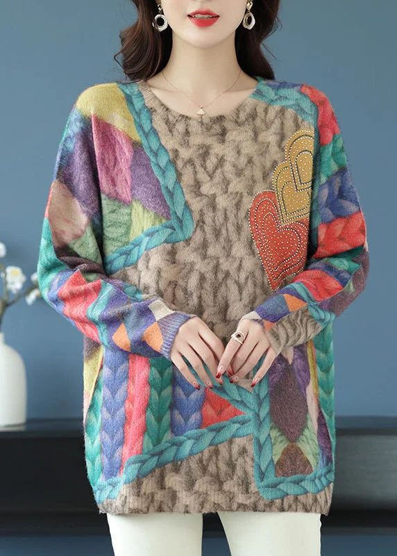 Loose Rainbow O Neck Print Patchwork Wool Knit Tops Spring