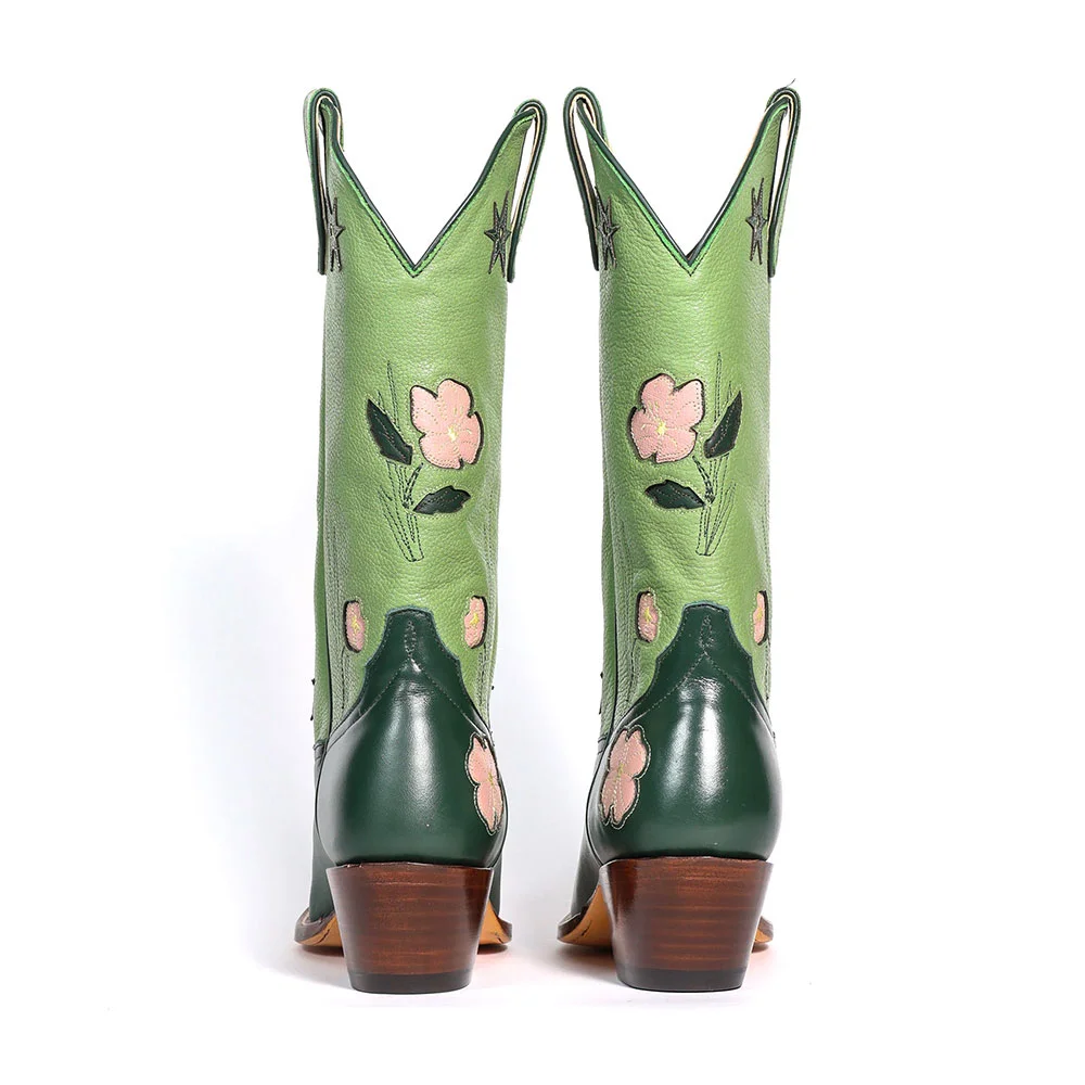 YDN Green Round Toe Stacked Heel Floral Pull-On Cowgirl Boots