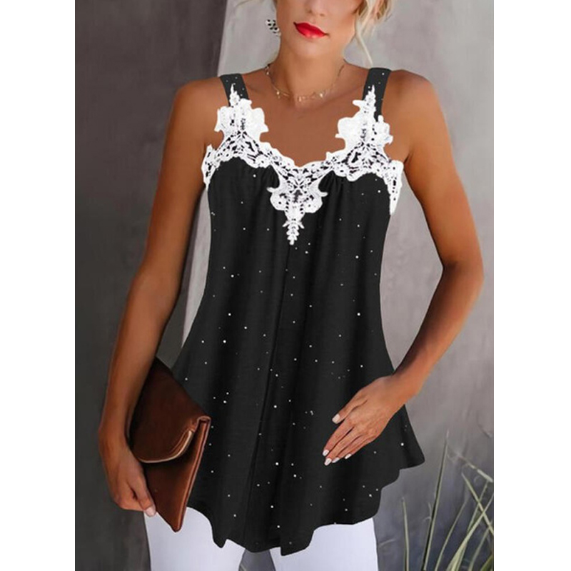 Lace V Neck Solid Sleeveless Elegant Blouse