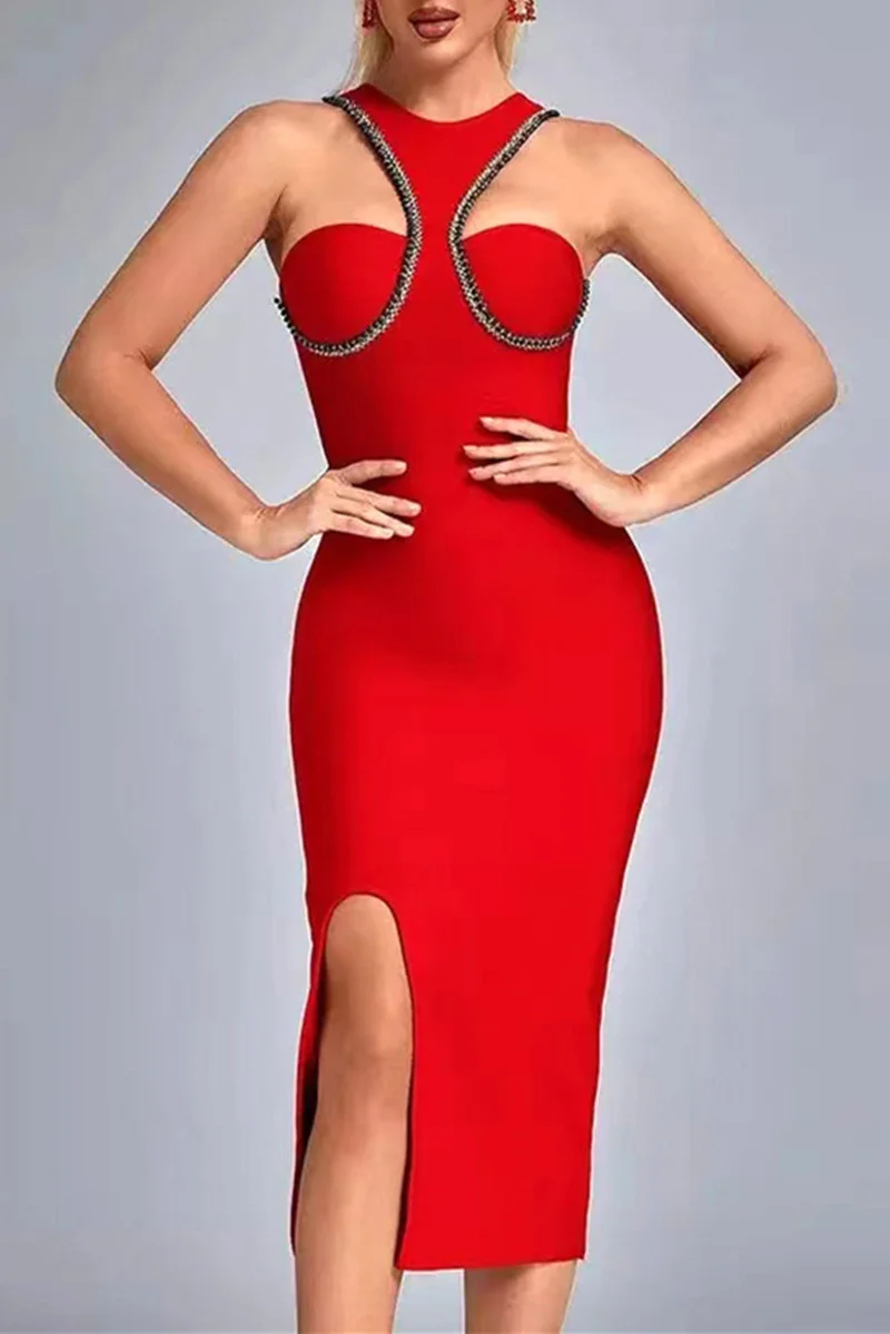 Red Sexy Solid Patchwork Slit O Neck Sleeveless Dress | EGEMISS