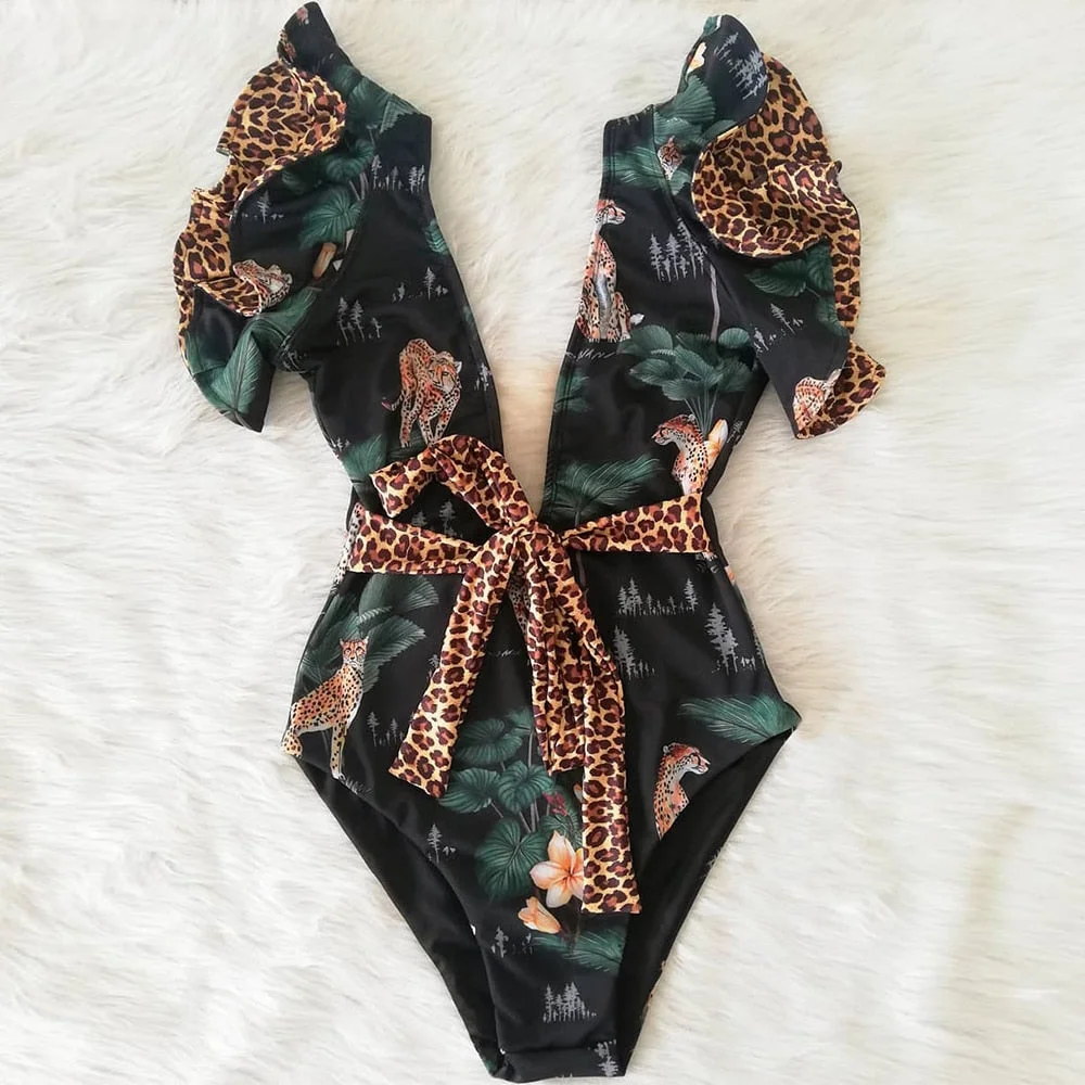 2022 New Sexy Ruffle Print Floral One Piece Swimsuit Off The Shoulder Swimwear Women Solid Deep-V Beachwear Bathing Suit Monkini