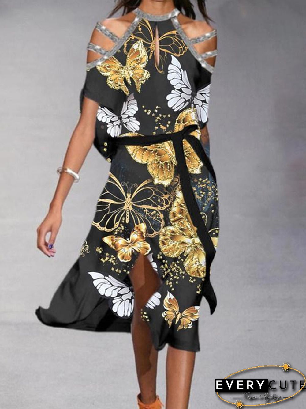 Halter Butterfly Printed Belted Shift Dress