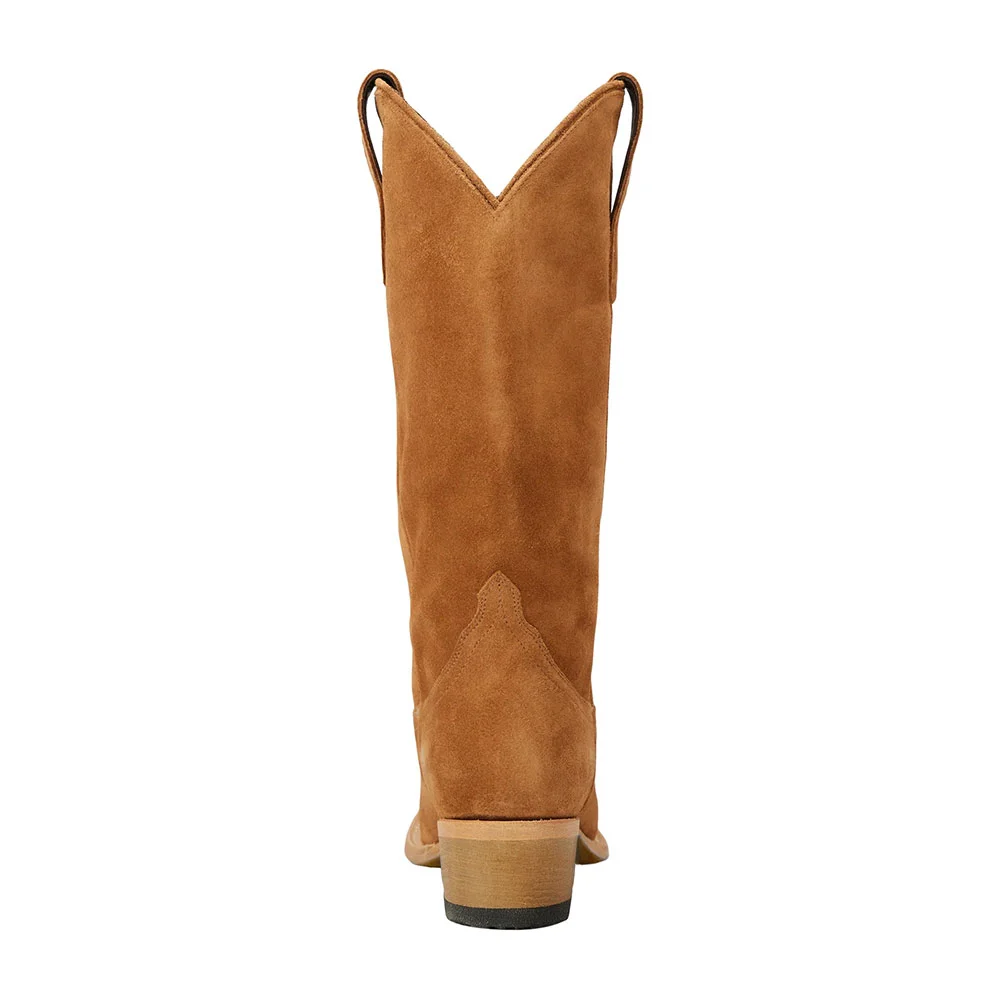 Tan Vegan Suede Sophisticated Snip Toe Low Heel Women's Western Boots