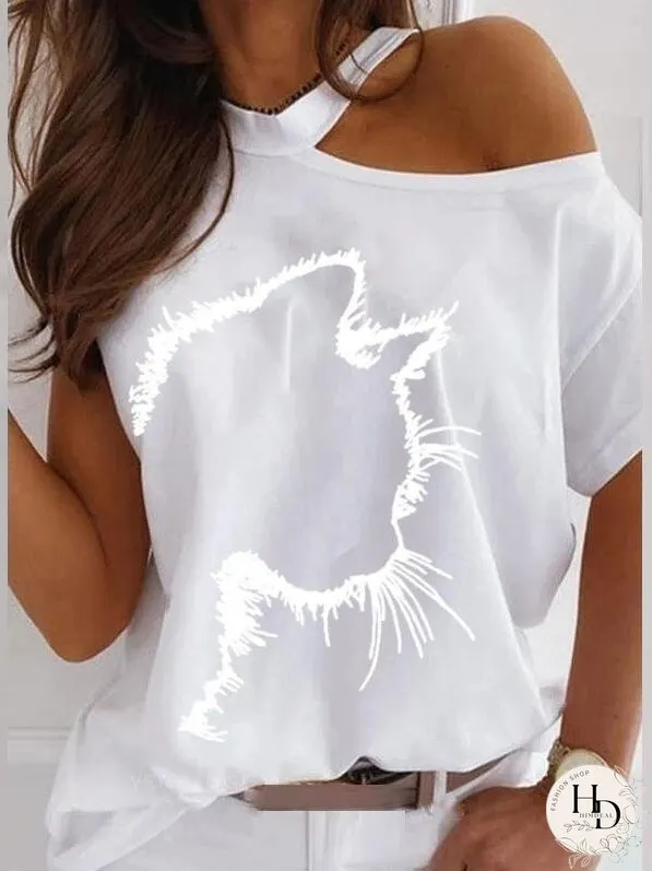 Cat Print Off The Shoulder Casual T-shirt for Women
