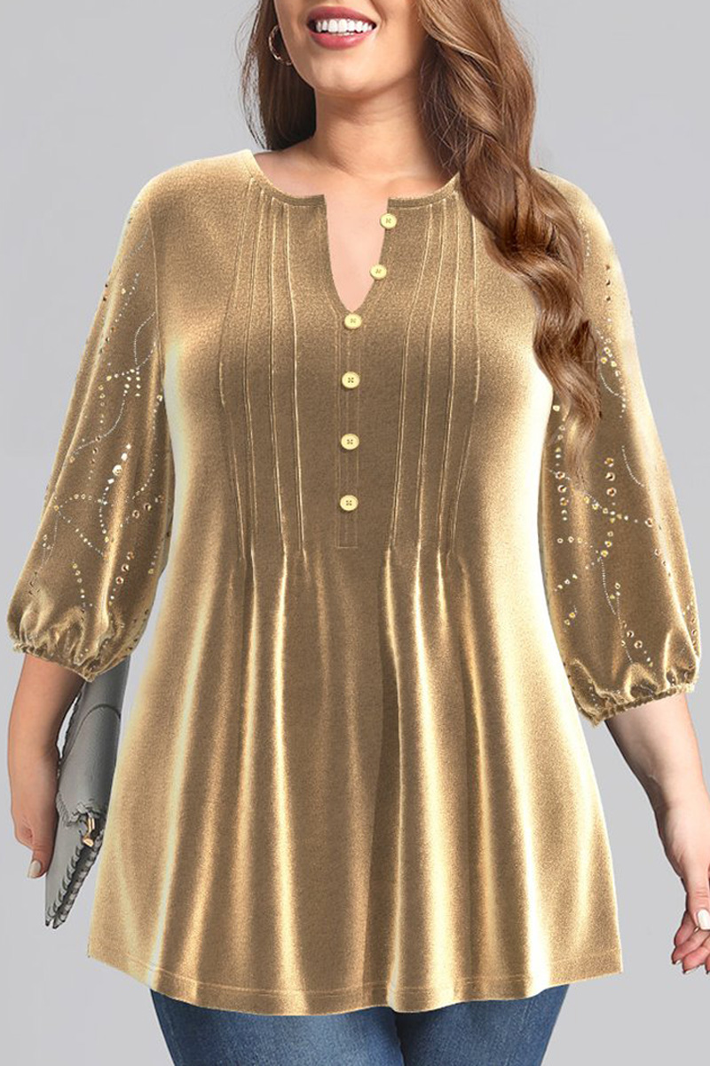 Flycurvy Plus Size Casual Gold Velvet Gold Stamping Pleated Lantern Sleeve Blouse