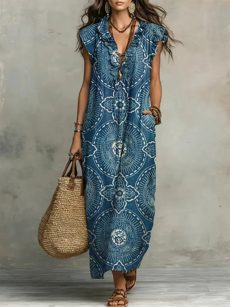 Women's Retro Ethnic Floral Pattern Art Print Casual Ruffled Stylish Cotton Linen Dress