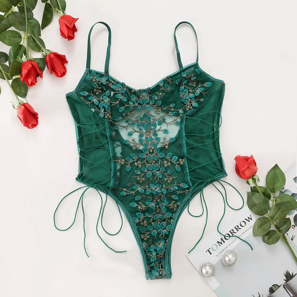 Ellolace Floral Embroidery Bodysuit Women Lace Up Bandage Bodies Sexy ...