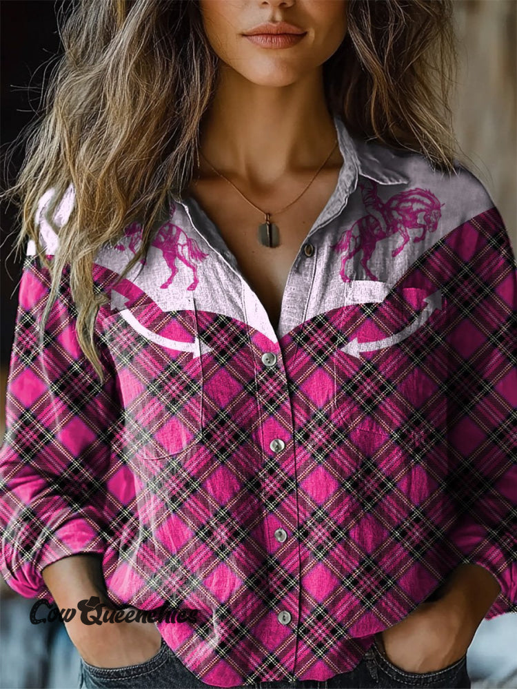 Cowgirl Barbie Pink Plaid Pattern Printed Women’s Casual Long Sleeve Comfortable Cotton Shirt