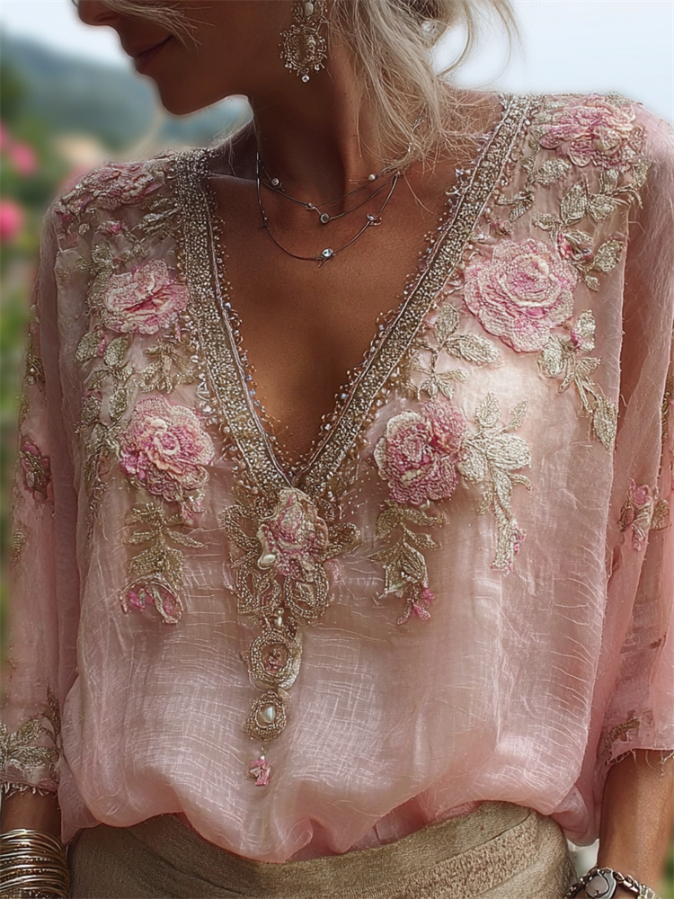Boho Roses Embroidered Lace Flowy Linen Tunic wearshes