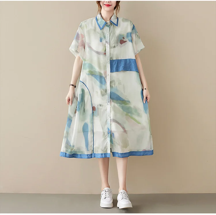 Literary Colorful Printed Lapel Short Sleeve Midi Dress