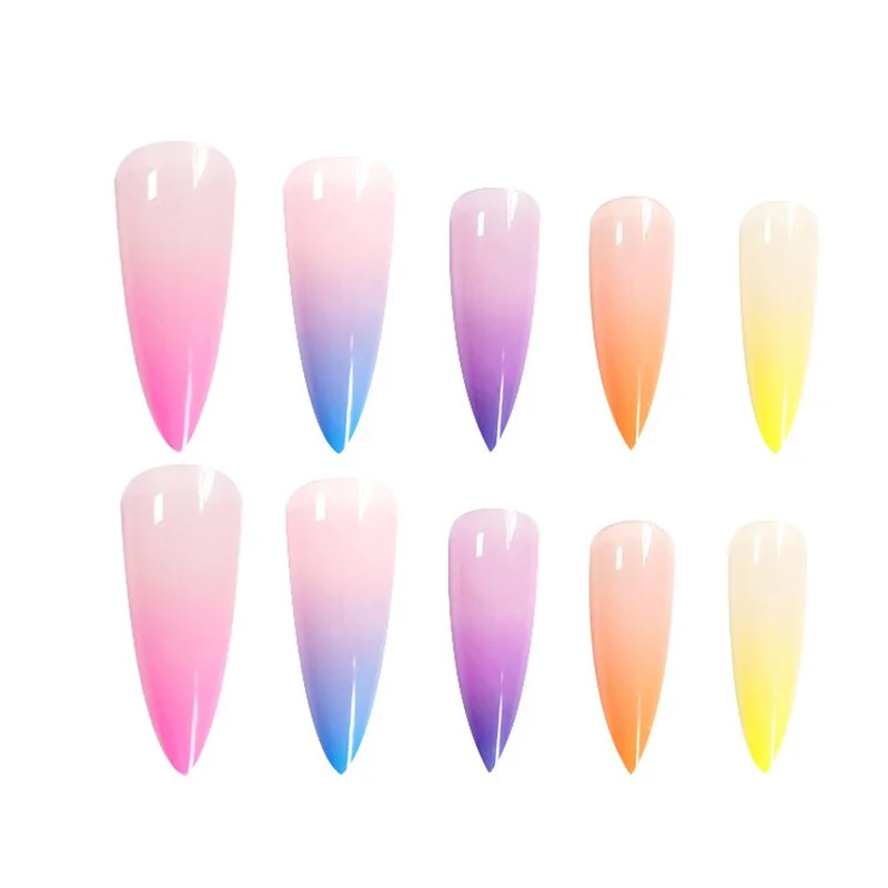 Long Stiletto Fake Nails Rainbow Color Full Cover False Nails with Sticker Nail Decoration Artificial Nail Art Tips Faux Ongles-Nail Inspo
