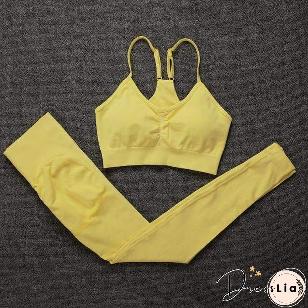 Solid Seamless Gym Two Piece Set Women High Stretchy Tracksuit Women Sports High Waist Leggings Workout Pants Sets Women