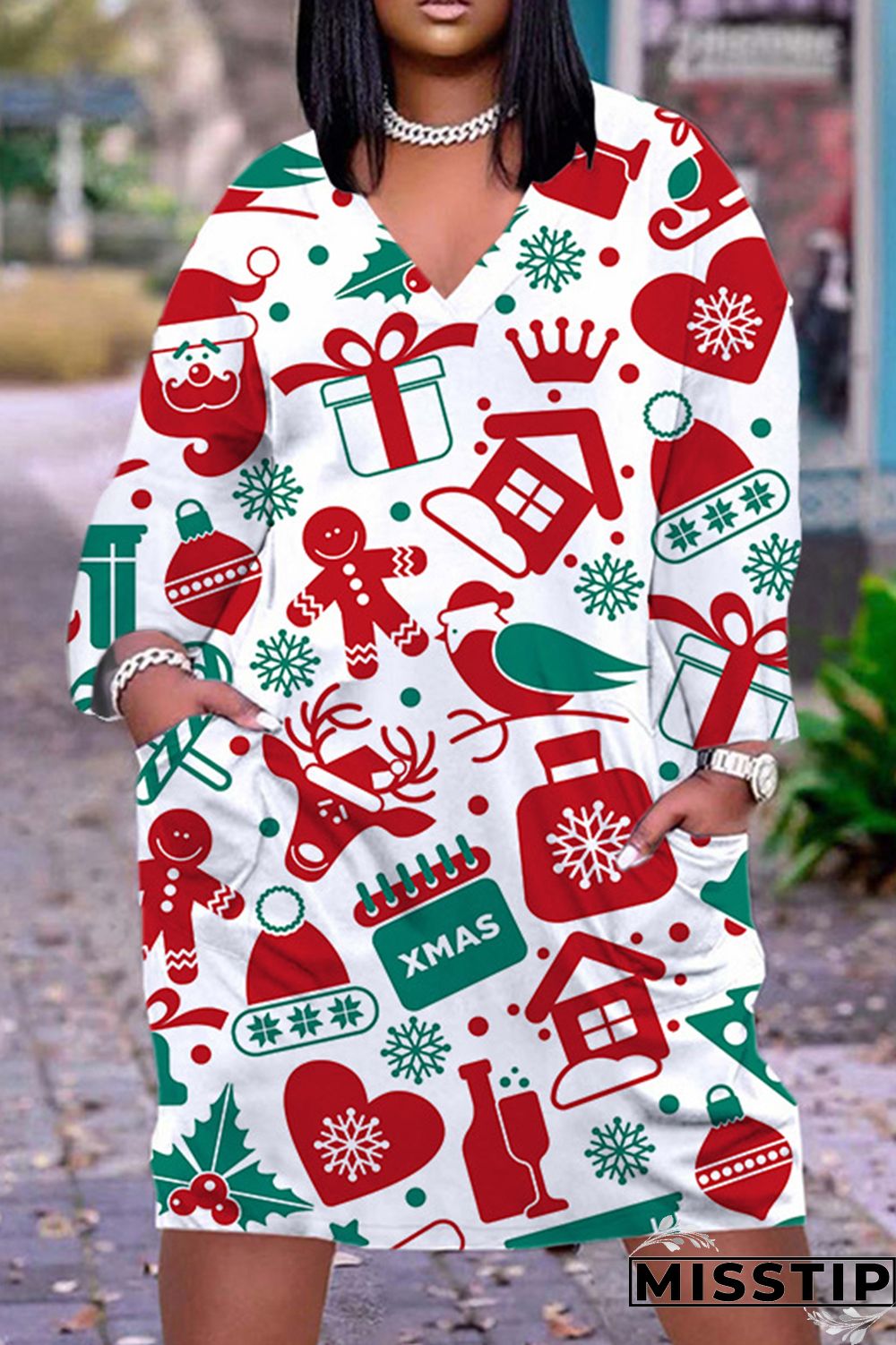 Black Casual Print Patchwork V Neck Long Sleeve Dresses