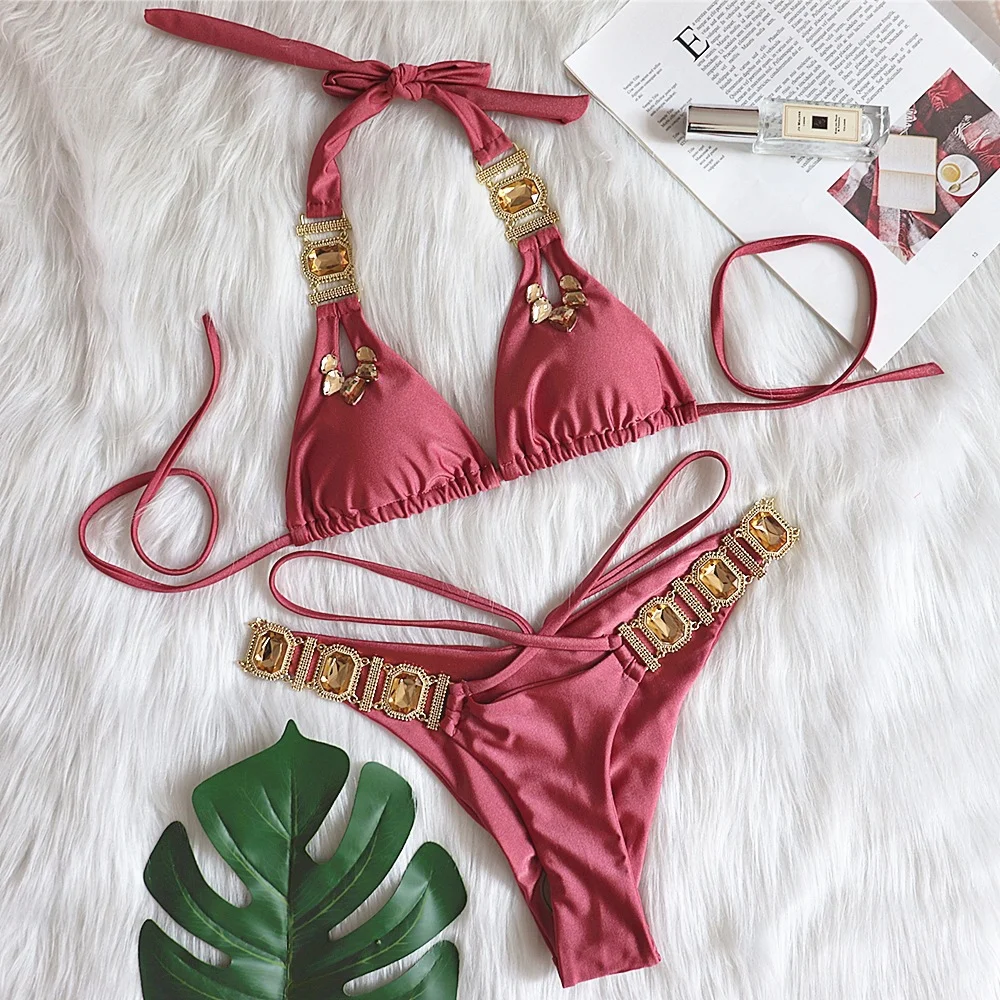 Uveng Uveng New Bikini Sexy Crystal Diamond Swimsuit Bandage Split Vintage Swimsuit Woman