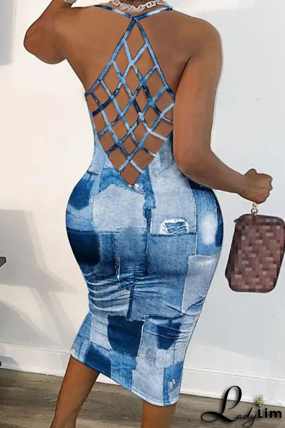 Dark Blue Sexy Print Patchwork Backless Spaghetti Strap Pencil Skirt Dresses