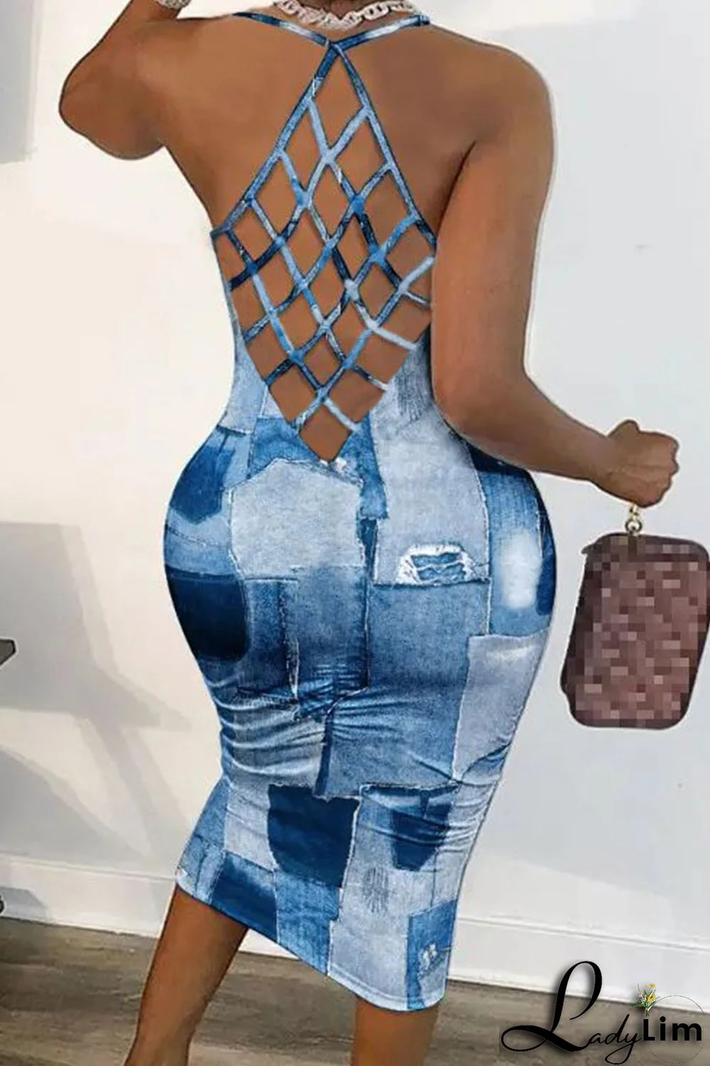 Dark Blue Sexy Print Patchwork Backless Spaghetti Strap Pencil Skirt Dresses