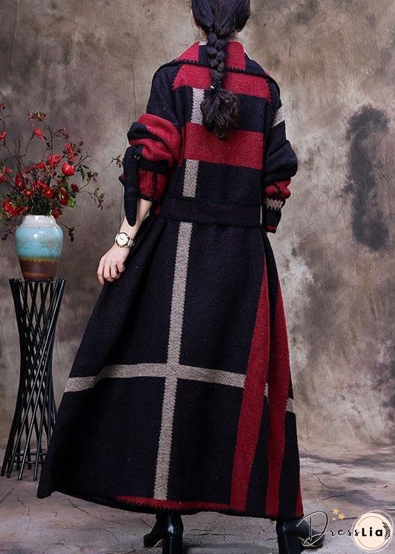 Simple Red PeterPan Collar Plaid tie waist Winter Woolen Long sleeve trench coats