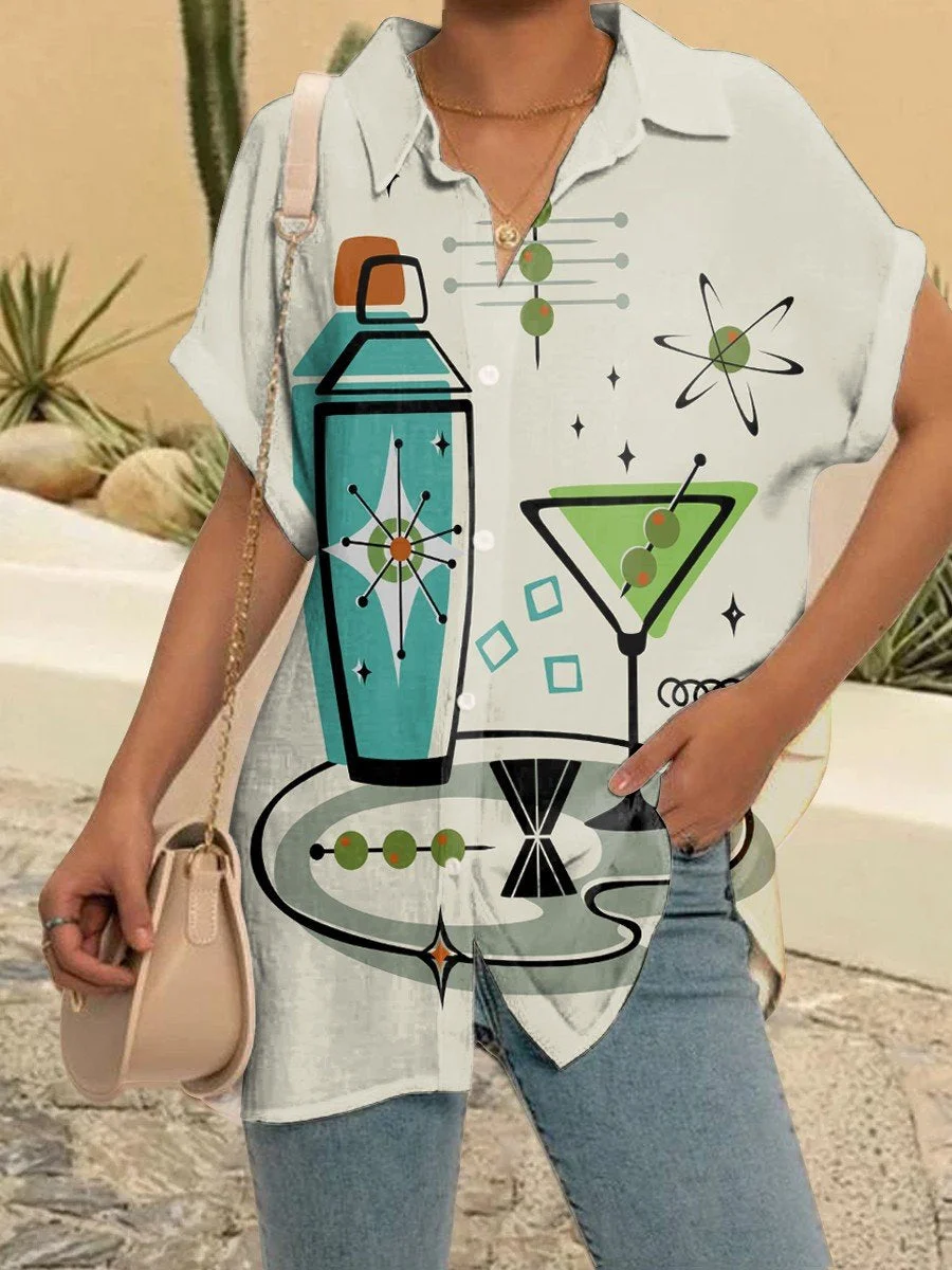 Women's Cocktail Shaker Print Short Sleeve Casual Blouse.