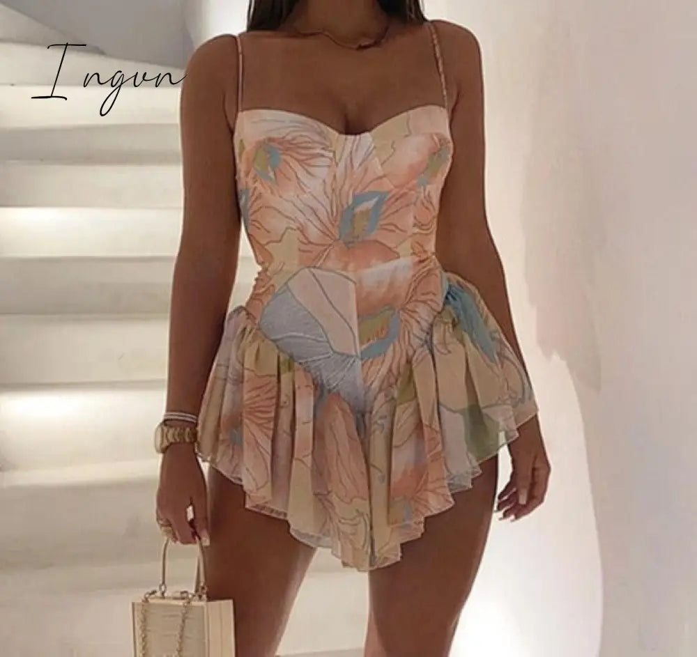 Ingvn - Women Spaghetti Strap Blooming Floral Print Ruffles Irregular Dress Mini Elegant Fashion
