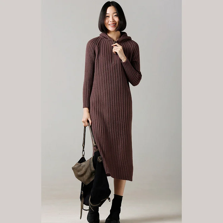 Fashion Sweater weather Women hooded side open brown Largo knitted dress