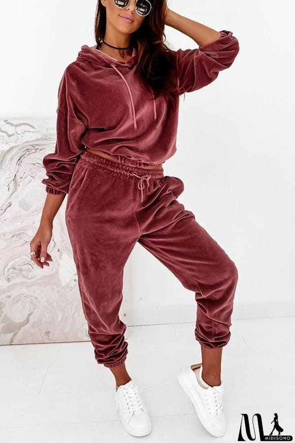 MidiSono - Velvet Drawstring Hooded Joggrt Set