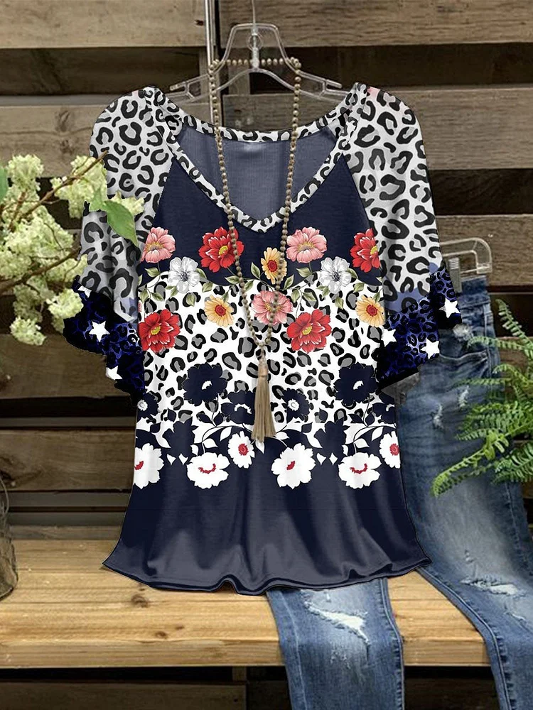Women's Vintage Flowers V Neck Casual Top