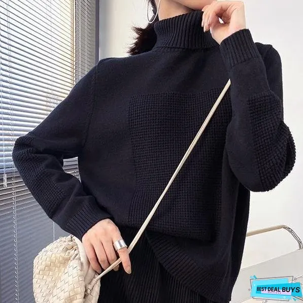 Turtleneck Collar Long Sleeve Pullover Elegant Match All Solid Color Top