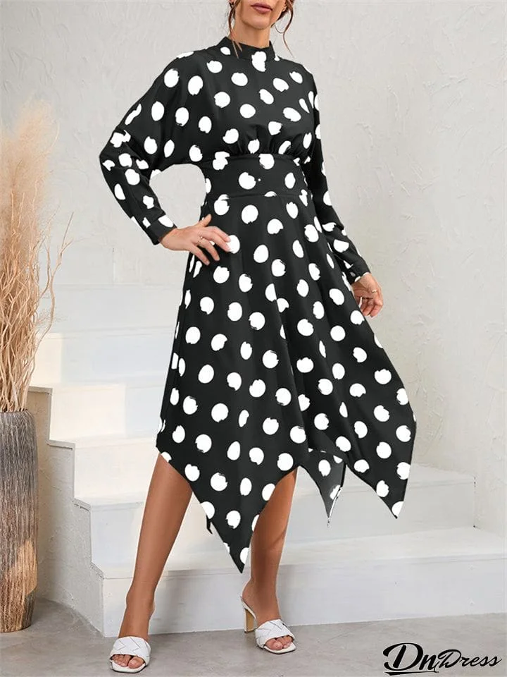 Female Graceful Irregular Casual Long Sleeve Polka Dot Dresses