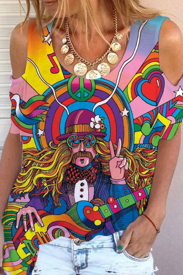 🔥kukelife🔥Hippie Music Guitar Print Cold Shoulder T-Shirt Cold Shoulder T-Shirt