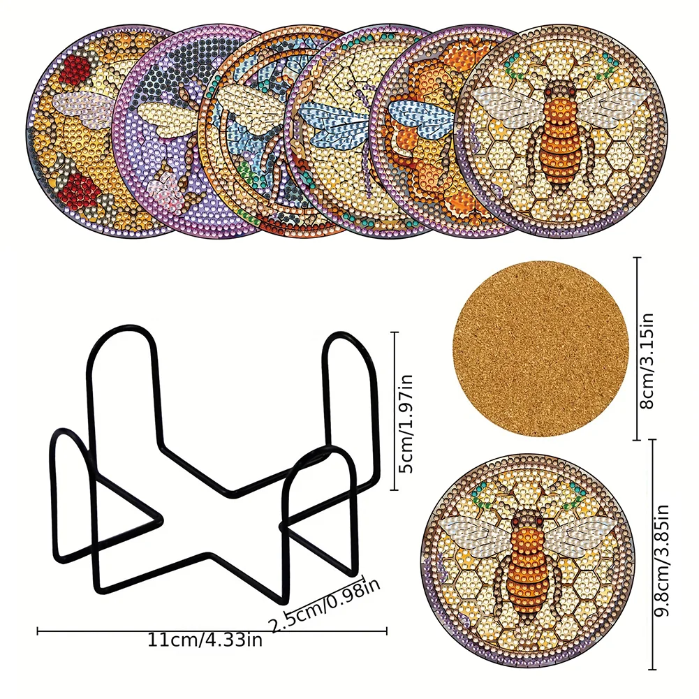 8pcs DIY Stained Glass Bee Diamond Painting Coasters Kits Acrylic Full Drill Coaster Single Side Diamond