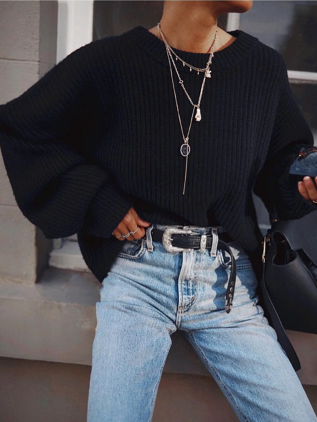 Black Knitted Long Sleeve plus size Sweater | EGEMISS