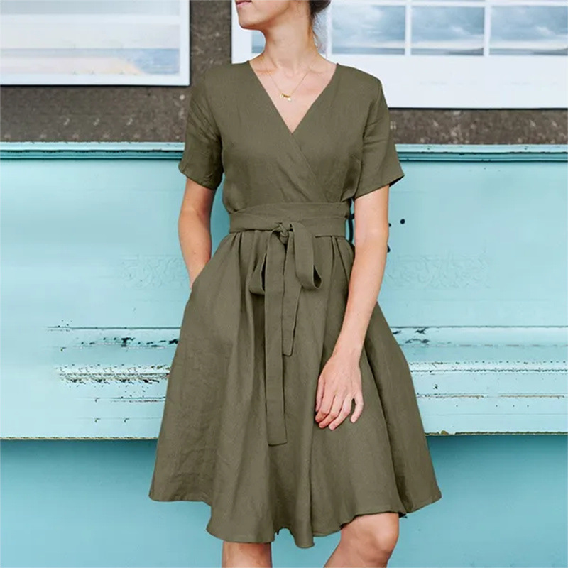 Rotimia Solid Color Short Sleeves Bow Belt Cotton Dress