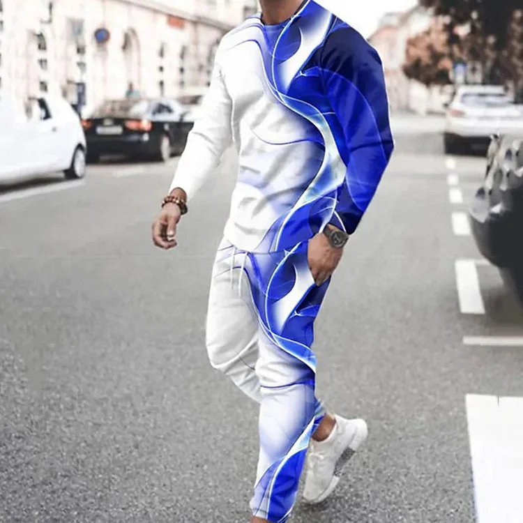 Men's Sporty Contrast Color Long Sleeve Shirt & Pants 2Pcs Set
